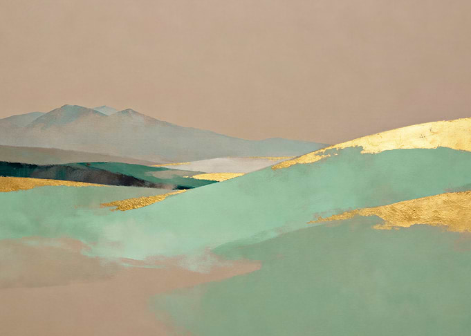 Abstract Mint and Gold Mountain Landscape