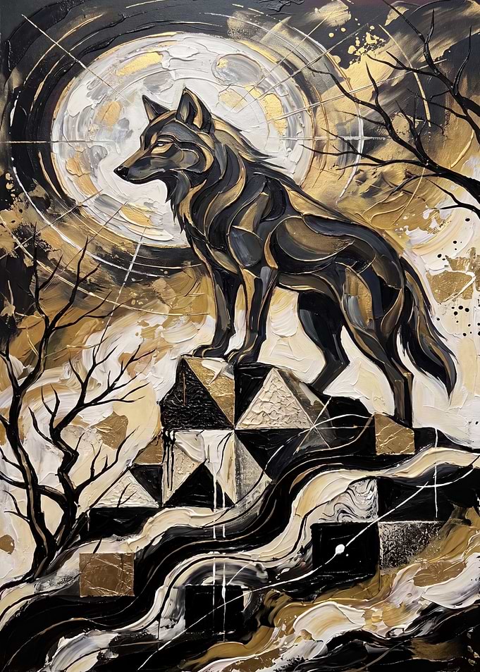 Abstract Golden Wolf Under Moon