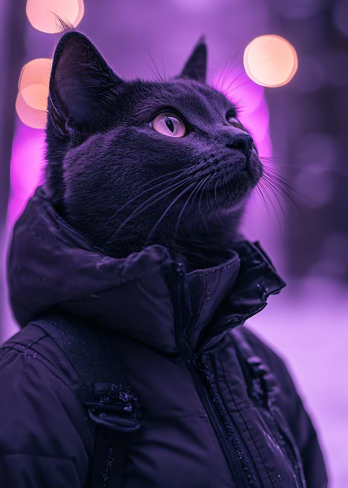 Cat in Winter Jacket Under Purple Lights