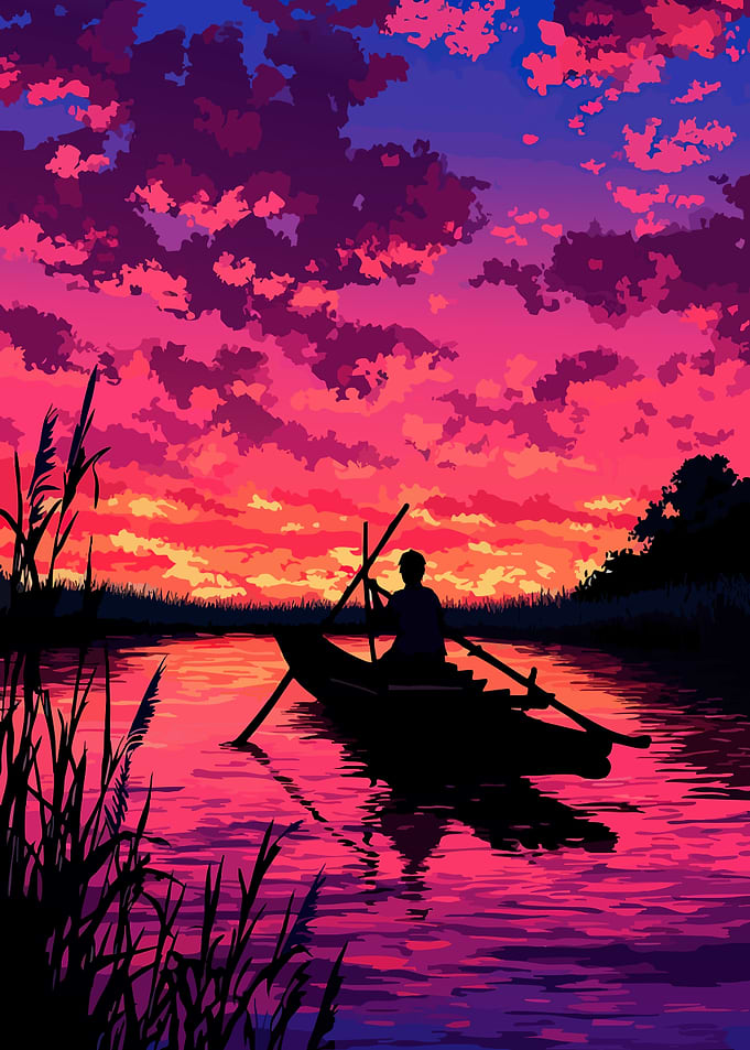 Serene Boat Ride at Vibrant Sunset