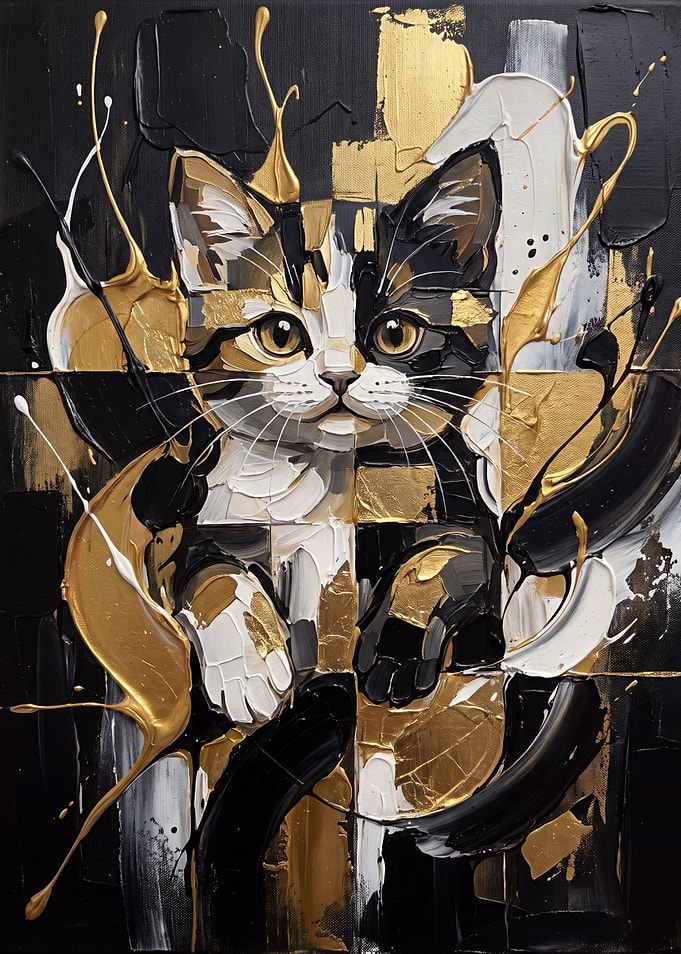 Abstract Gold and Black Kitten Painting
