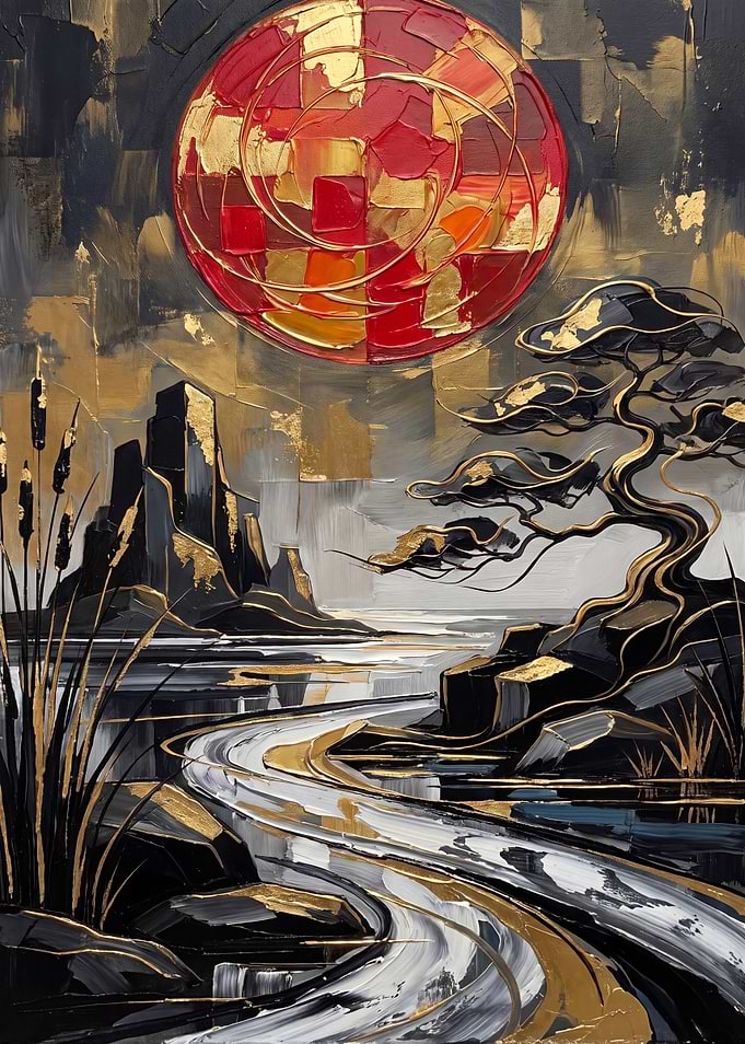Abstract Japanese Landscape with Red Sun