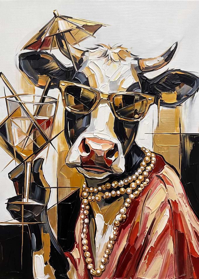 Sophisticated Cow with Cocktail Painting