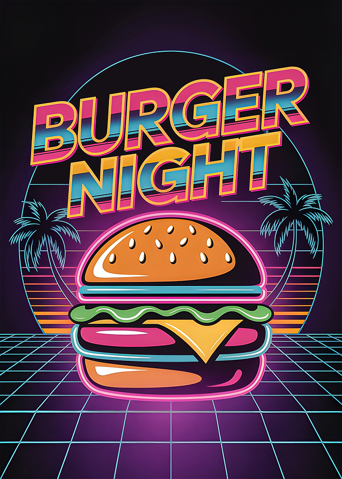 Retro Neon Burger Night Illustration with Palm Trees and Sunset Grid Background, Vibrant 1980s