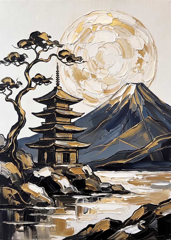 Japanese Pagoda and Mount Fuji Impasto Painting