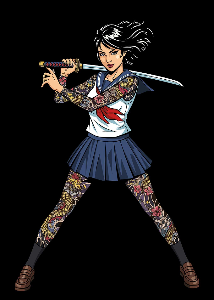 Tattooed Schoolgirl Warrior with Katana