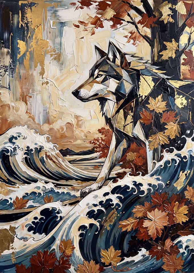 Geometric Wolf Amidst Autumn Waves
