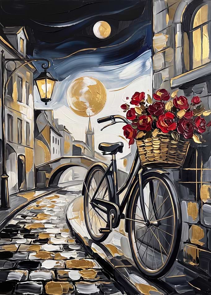 Moonlit European Street with Flower Bicycle