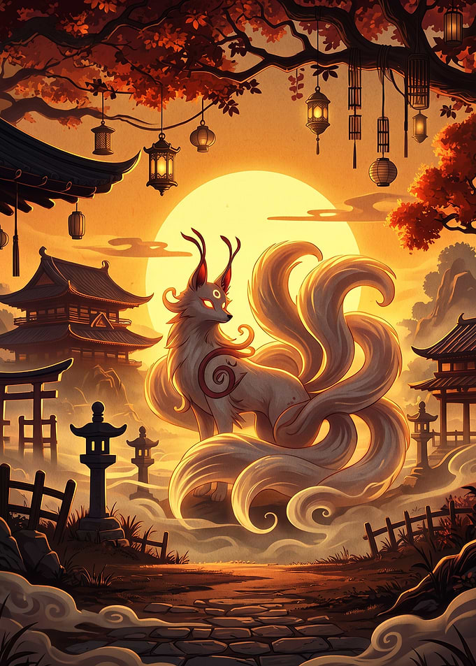 Nine-Tailed Kitsune in Mystical Japanese Garden