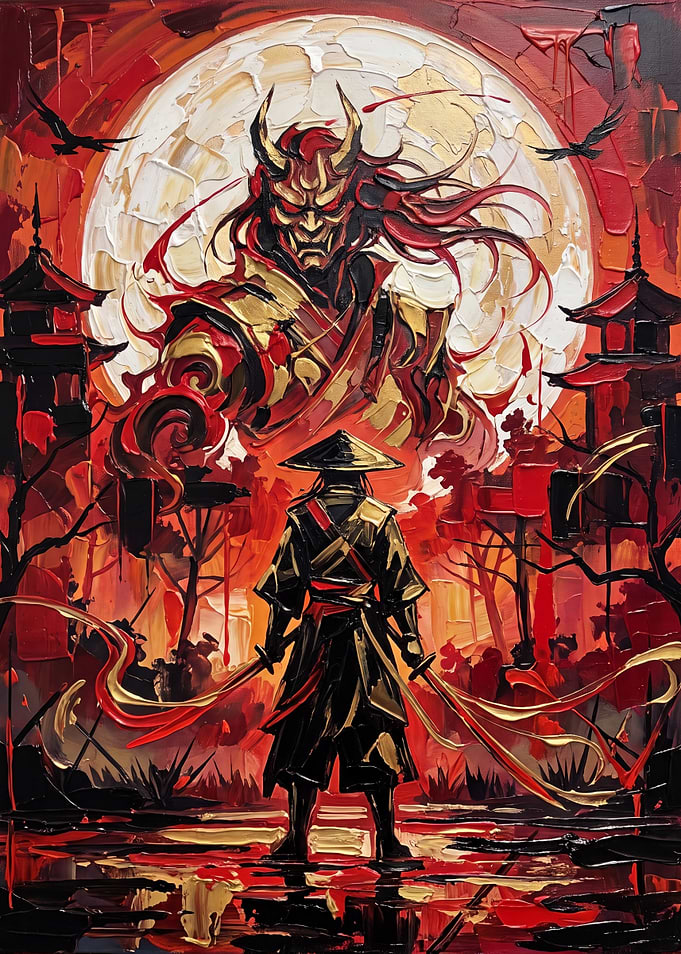 Samurai Facing Oni Under Blood Moon