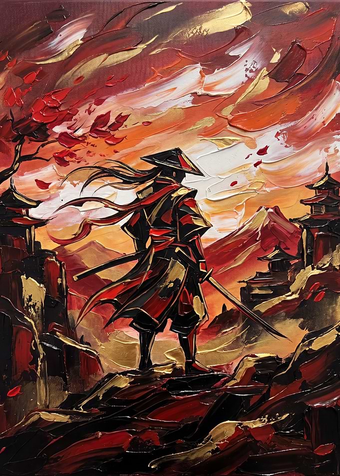 Samurai Warrior in Impasto Sunset Landscape