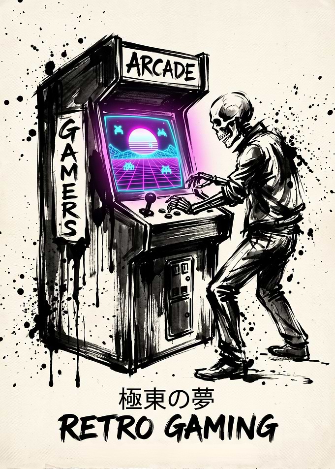 Skeleton Playing Retro Arcade Game
