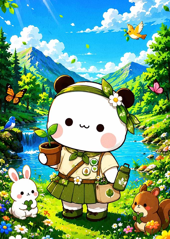 Kawaii Panda Scout in Lush Nature Landscape