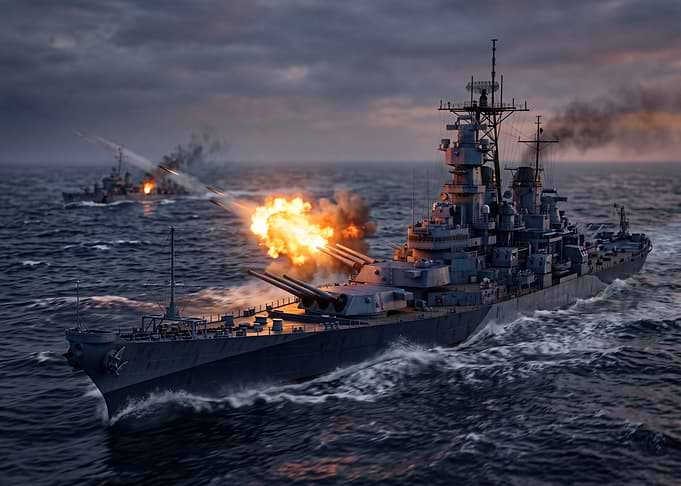 Battleship Firing Cannons at Sea