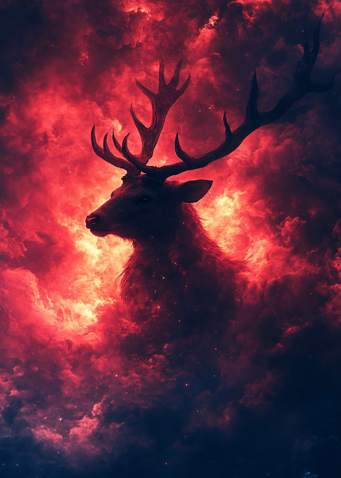 Majestic Stag in Fiery Cosmic Clouds