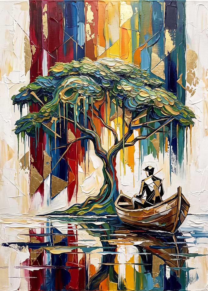 Abstract Impasto Tree and Boat Painting