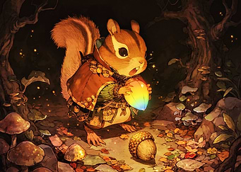 Fantasy Squirrel with Glowing Rainbow Acorn