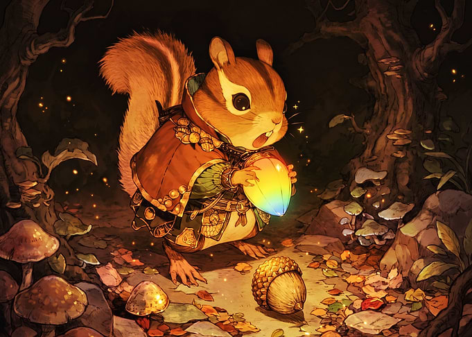 Fantasy Squirrel with Glowing Rainbow Acorn