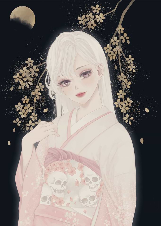 Anime Girl in Skull Pattern Kimono
