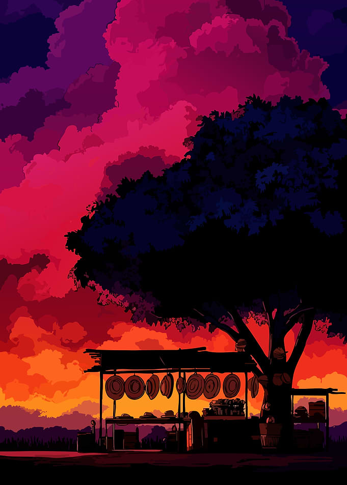 Vibrant Sunset Over Rural Market Stall