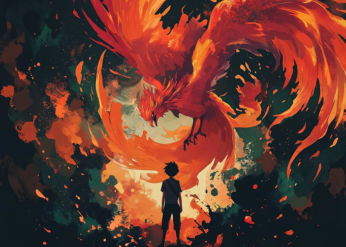 Boy Facing a Majestic Fiery Phoenix