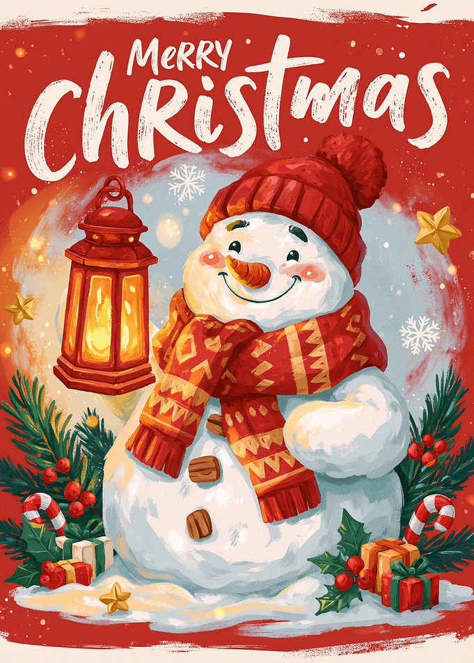 Cheerful Snowman with Lantern Merry Christmas Poster