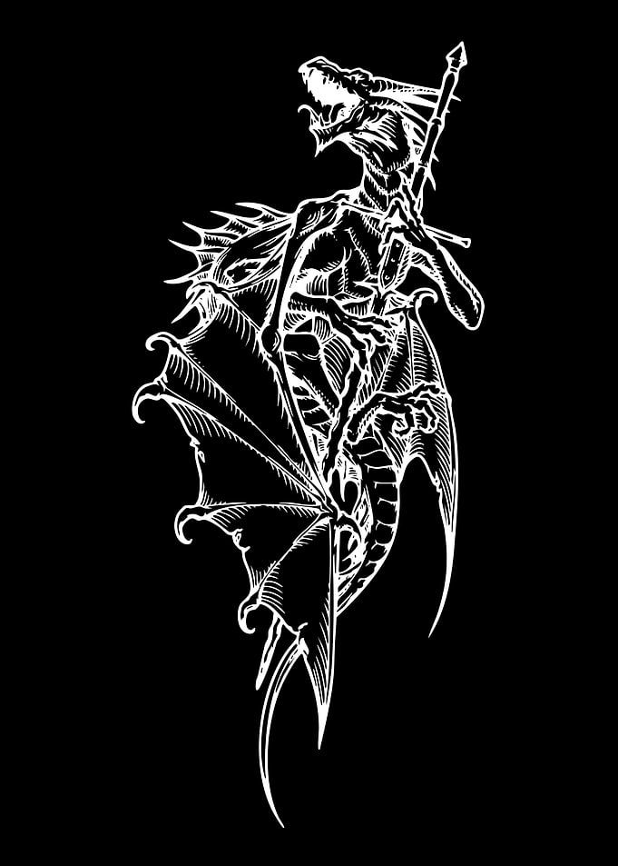 White Dragon with Sword on Black
