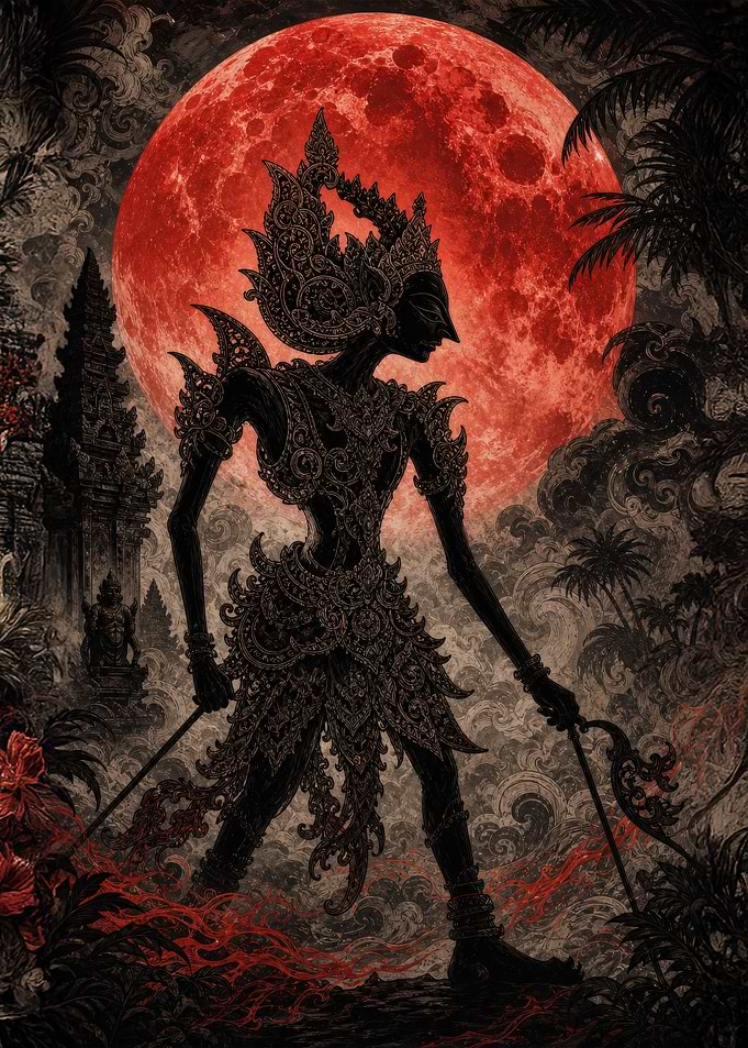 Wayang Kulit Warrior Under Blood Moon