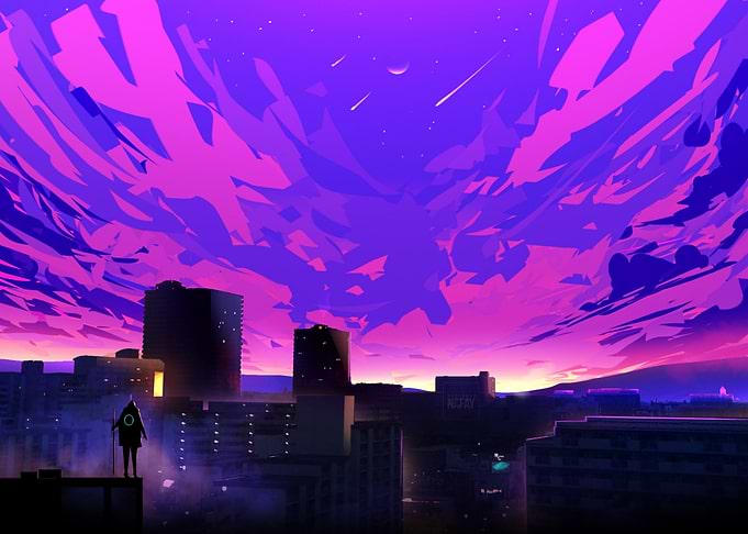 Vibrant Purple Cityscape at Twilight