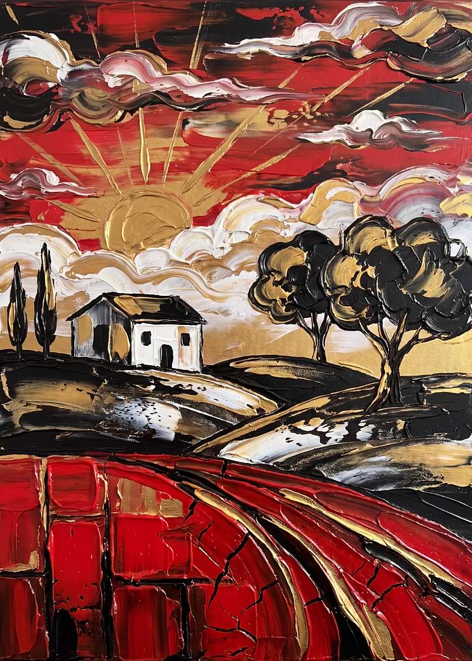 Textured Landscape with Golden Sun and Red Clouds
