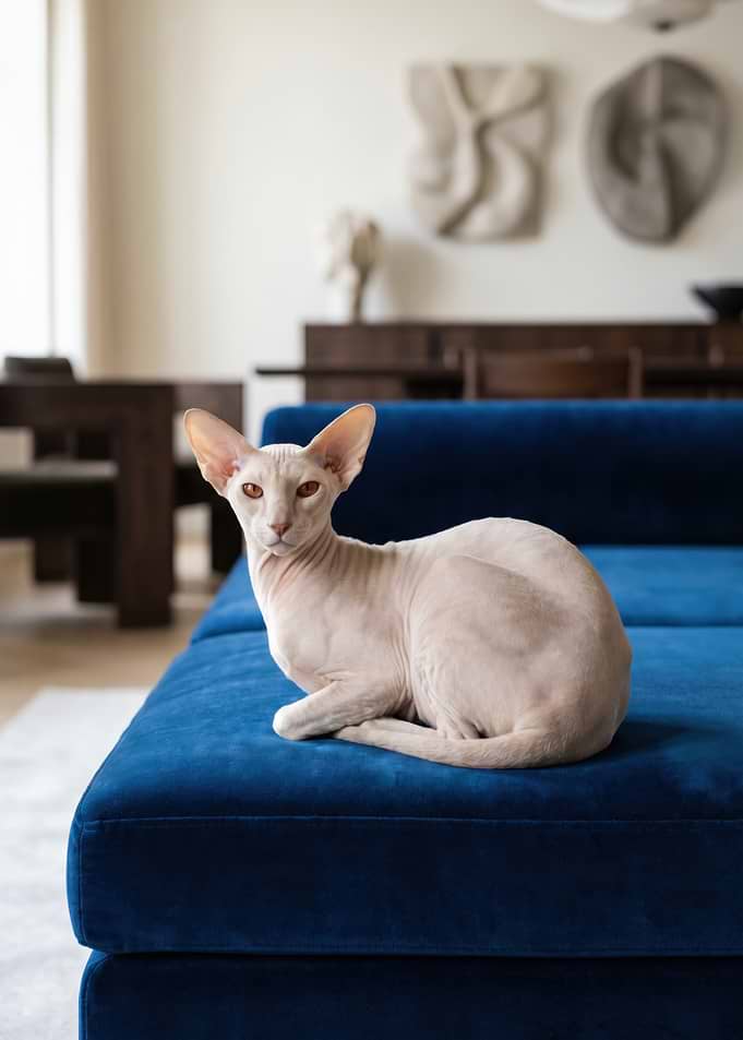 Hairless Cat on Blue Velvet Sofa