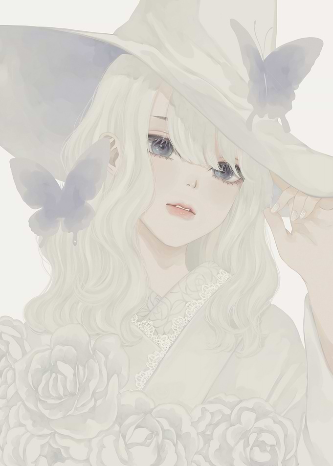 Ethereal White Witch with Butterflies and Roses