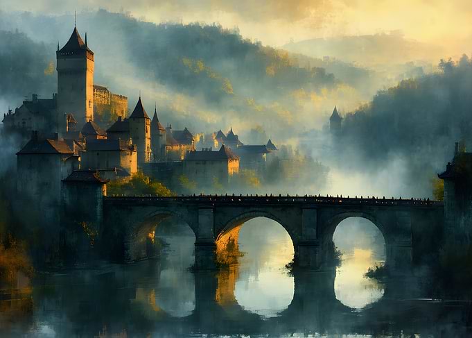 Misty Medieval Castle and Stone Bridge
