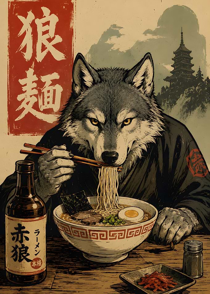 Wolf Eating Ramen Japanese Poster