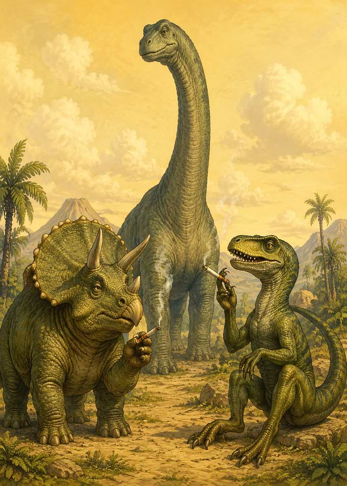 Dinosaurs Smoking Cigarettes in Prehistoric Landscape