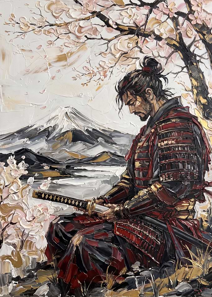 Samurai Meditating Under Cherry Blossoms