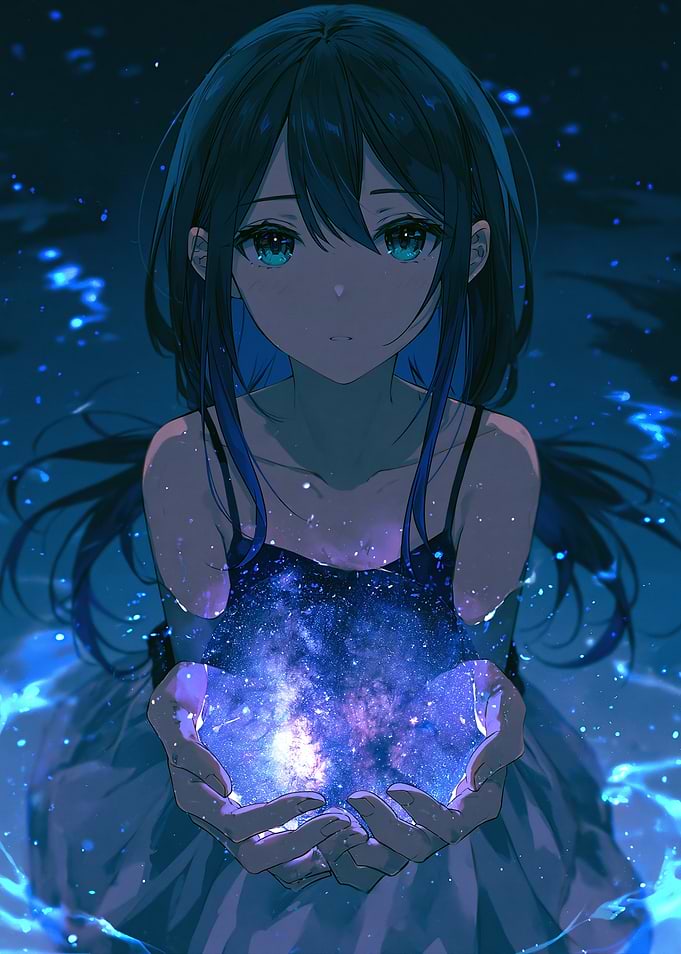 Anime Girl Holding a Glowing Galaxy