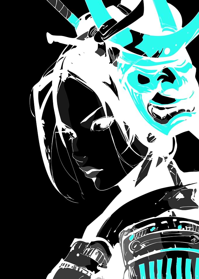 Cyberpunk Samurai Oni Mask Illustration