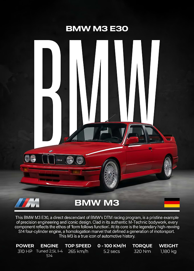 sleek red BMW M3 E30 Automotive Poster