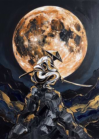Samurai Warrior Under Golden Full Moon