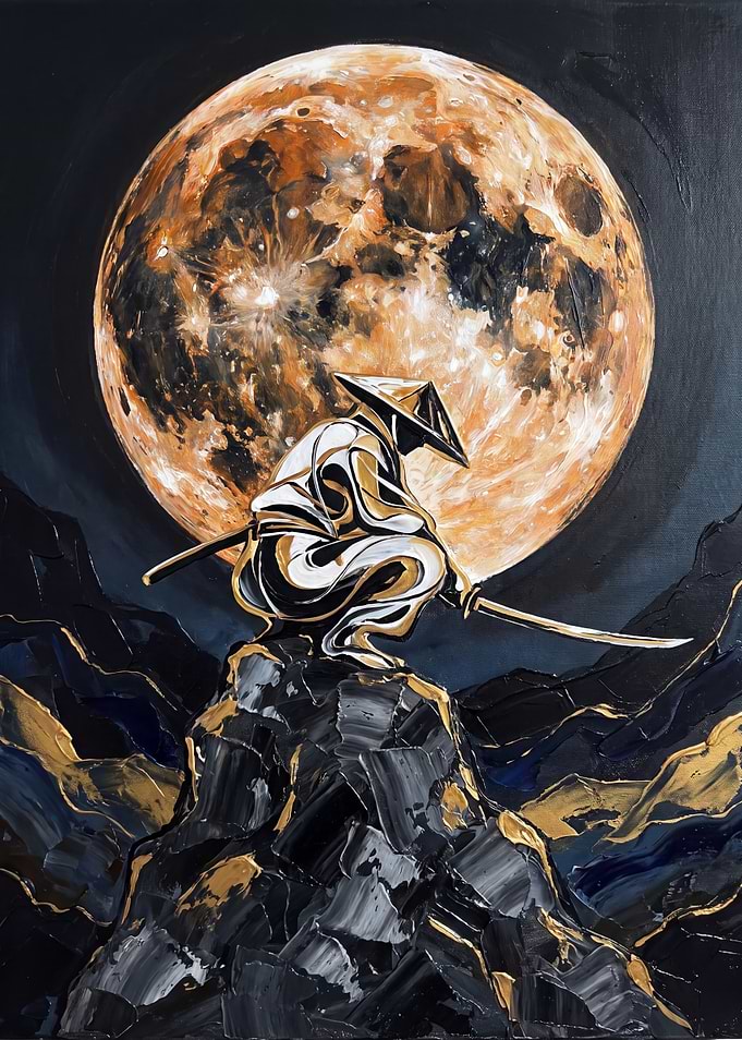 Samurai Warrior Under Golden Full Moon