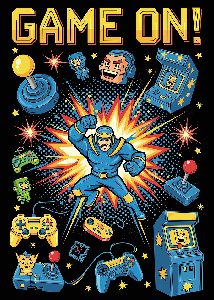 Game On Retro Gaming Superhero Illustration