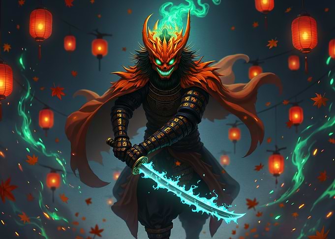 Demonic Samurai with Flaming Katana and Lanterns