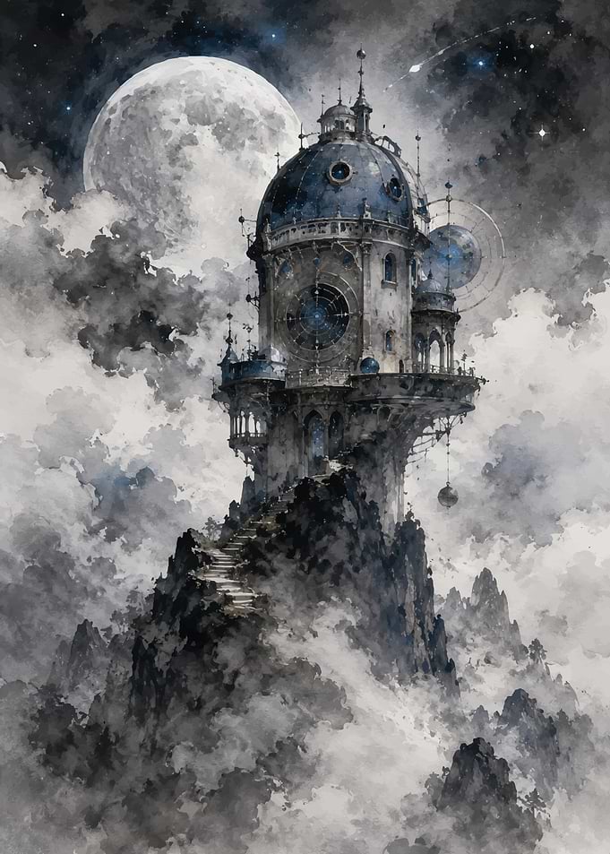 Celestial Observatory on a Misty Mountain Peak