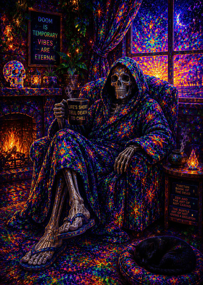 Grim Reaper Chilling by Fireplace
