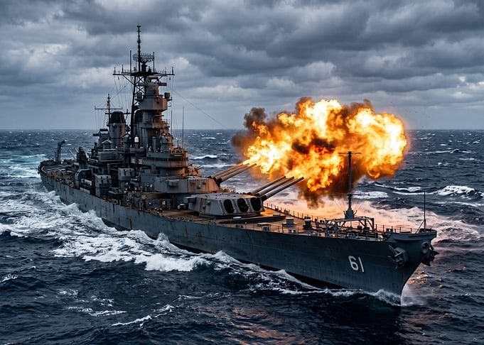USS Iowa Battleship Firing Main Guns