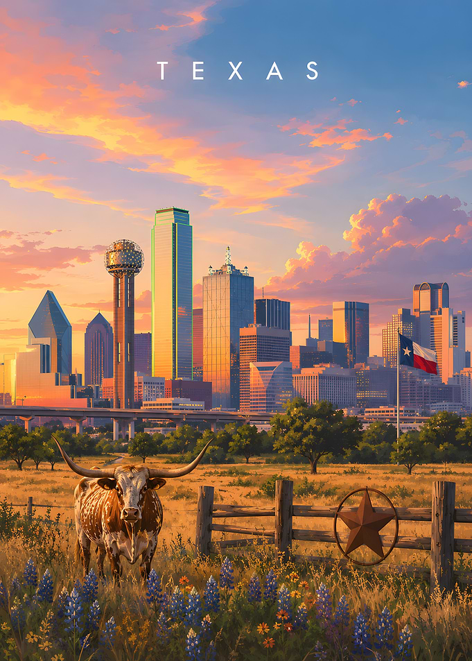 Texas Skyline Cityscape, Travel Poster