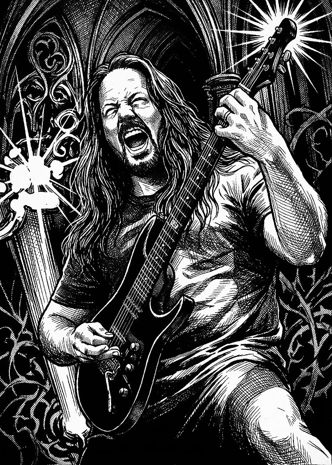 Black and White Heavy Metal Guitarist