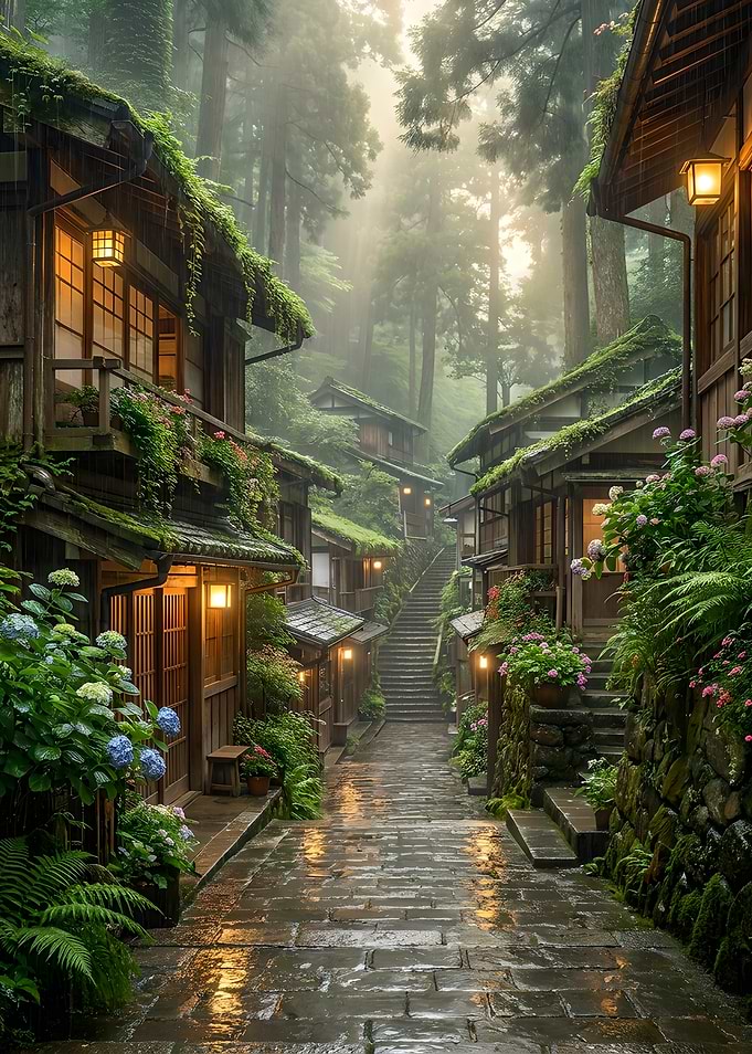 Misty Traditional Japanese Village Street
