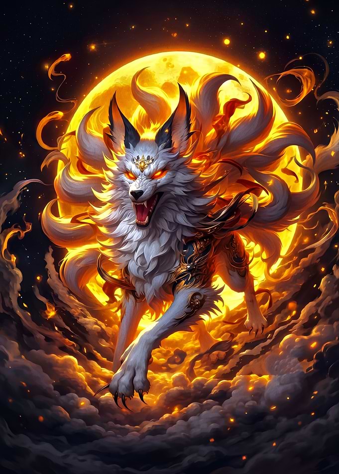 Majestic Nine-Tailed Kitsune Under Golden Moon